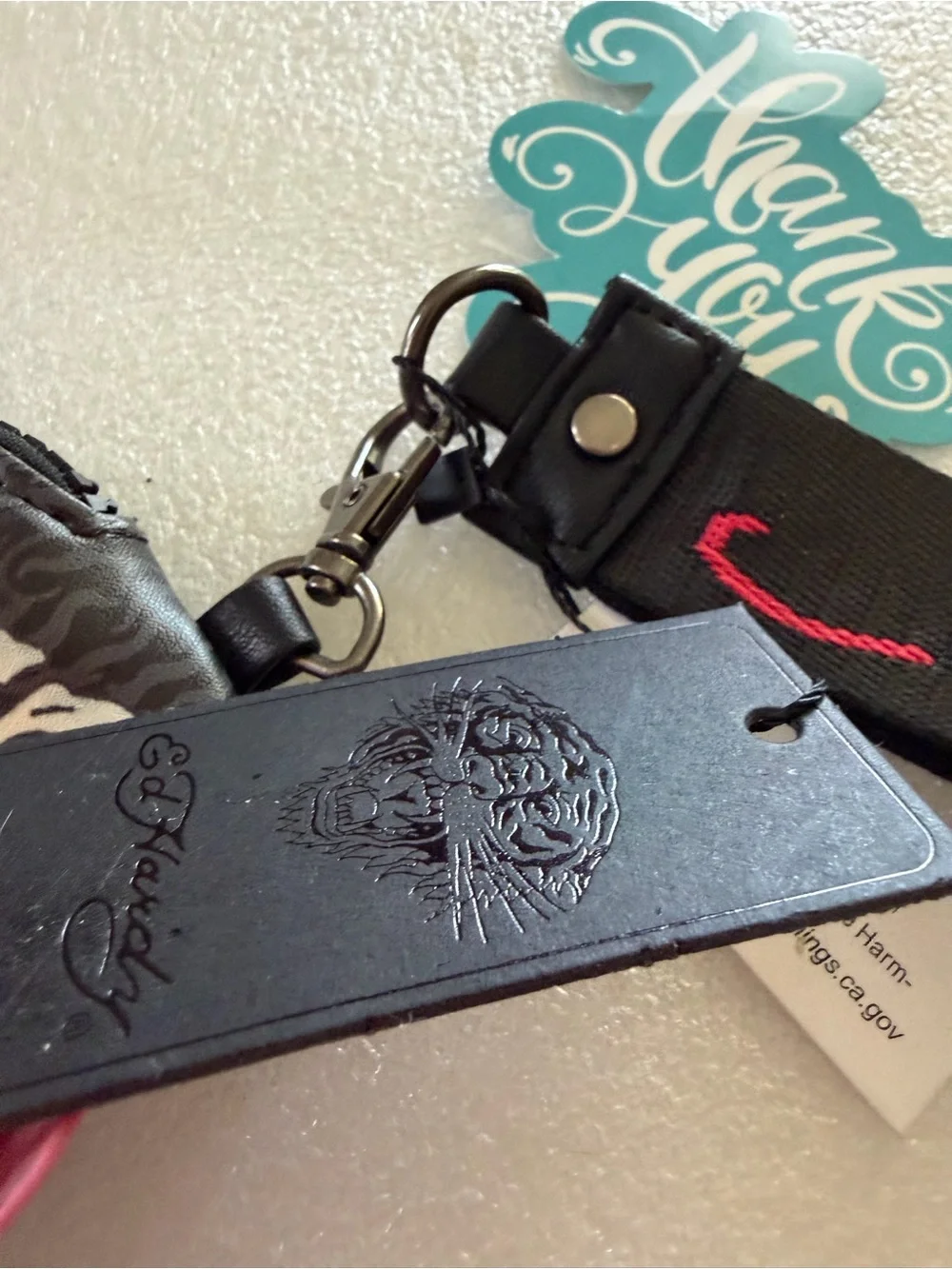 Ed Hardy Black Coin Pouch with Skull, Red Roses & Pink Logo Wristlet